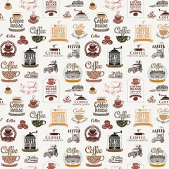 Vector seamless pattern background on the coffee theme with coffee beans and logo label, inscriptions and illustrations in retro style. Suitable for wallpaper, wrapping paper or fabric