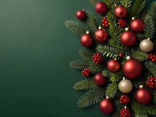 Merry Christmas decorations plant gifts green plain background border arrangement. Generative AI