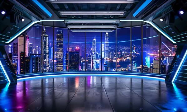 The city at night seen from the building studio