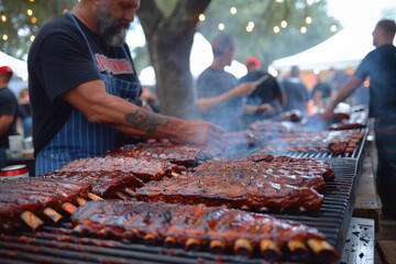 texas bbq competition pitmasters tending to smokers with racks of ribs and barbecue sauce