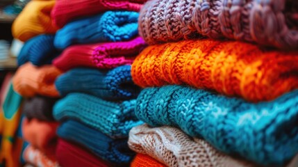 Fototapeta premium Colorful sweaters on sale with selective focus in fashion store