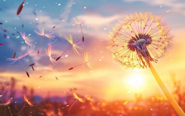 Obraz premium Dandelion seeds blowing in the wind at sunset, symbolizing freedom and hope Generative AI