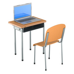 School desk with opened laptop. 3D rendering isolated on transparent background