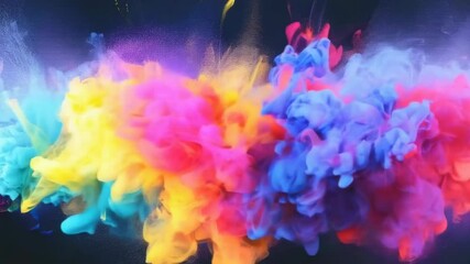 This image captures a vibrant explosion of multicolored paint against a dark background. Bright colors blend in a dynamic, ethereal burst. Suitable for inspiring creativity and artistic expression.
