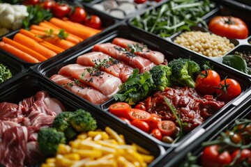 Obraz premium Healthy Meal Prep: A Colorful Spread of Protein, Veggies, and Carbs