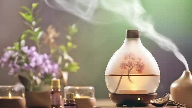 A lit aromatherapy diffuser emits vapor, surrounded by essential oils, candles, and flowers. The scene has a calming atmosphere, ideal for self-care. Evening light enhances the mood.