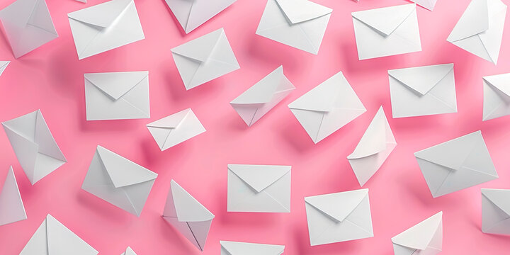 Several paper envelopes floating on pink background