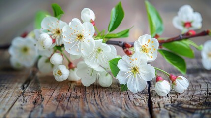 Fototapeta premium Cherries blooming in spring on a wooden table