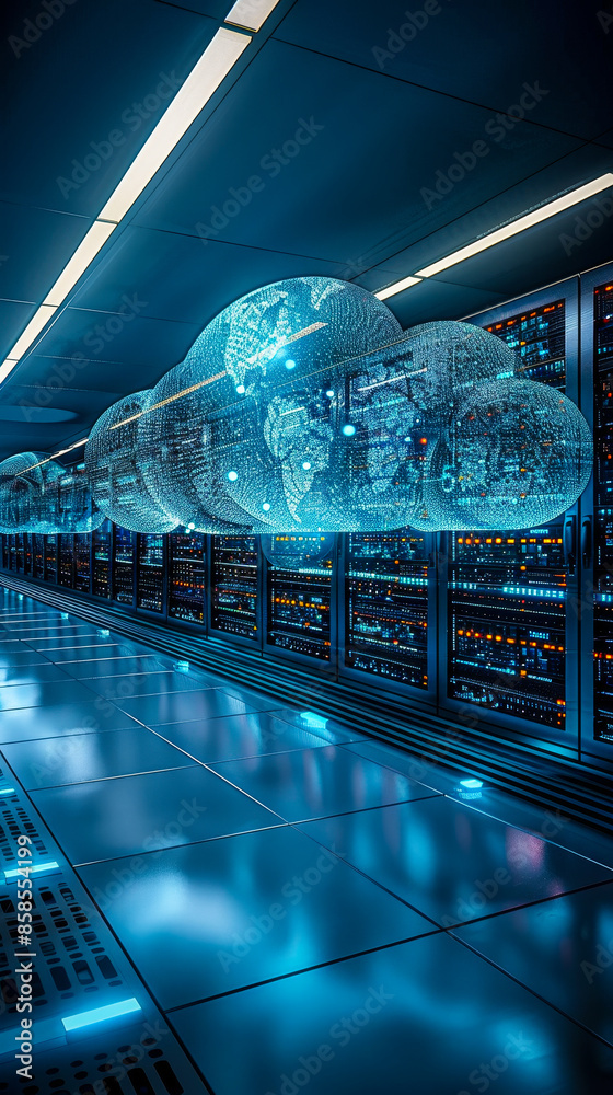 Poster futuristic data center with virtual cloud computing network concept, illuminated server racks, digit