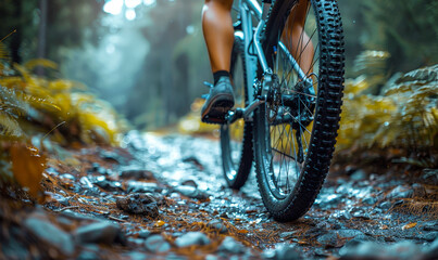 Adventurous Woman Mountain Biking in Forest, Low Angle View of Legs on Pedals, Rocky Pathway, Outdoor Activity, Daytime, Natural Setting, Active Lifestyle, Bicycle, Autumn Mood