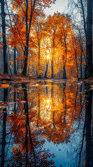 Fototapeta premium Golden Autumn Sunrise and Trees Reflection in Serene Forest Lake, Captivating Nature Landscape for Autumn Season and Outdoors Enthusiasts