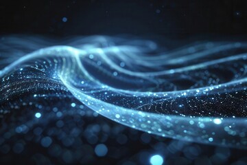 Abstract digital wave with blue light particles on a dark background, representing technology and futuristic concepts.