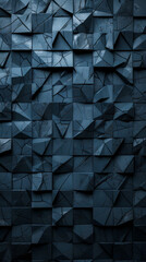 Fototapeta premium Polished 3D Mosaic Tiles Wall Design with Triangular Semi-Gloss Bricks Stack Black Block Background Architectural Texture Render
