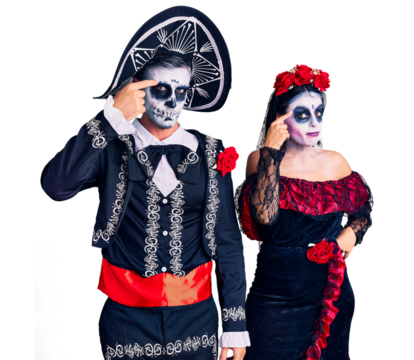 Young couple wearing mexican day of the dead costume over background pointing unhappy to pimple on forehead, ugly infection of blackhead. acne and skin problem
