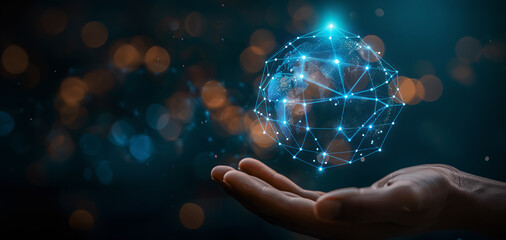 hologram of a representation of the planet Earth in the hand of a man - global communication network concept
