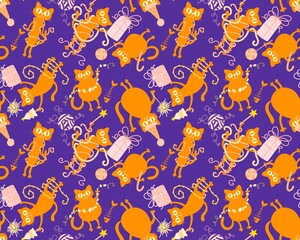 Christmas cartoon animals seamless cats and toys pattern for wrapping paper