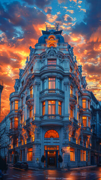 Majestic Sunset Over Historic Bucharest Building on Calea Victoriei with Fiery Skies and Illuminated Windows