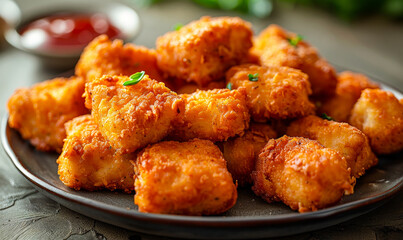 Fototapeta premium Crispy Golden Chicken Nuggets on Plate in Restaurant Setting - Freshly Fried Appetizer with Dipping Sauce - Perfect for Snacking and Sharing
