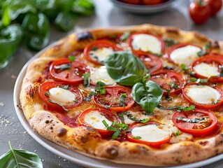 A traditional Neapolitan pizza with a thin, soft crust, fresh tomatoes, mozzarella, and basil, baked to perfection