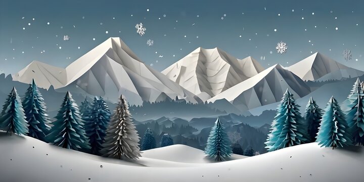 Winter mountain landscape with fir trees and snow. 3D origami, paper. Space for text, winter, holidays, Christmas. Generative AI