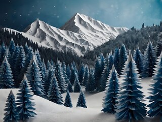 Winter mountain landscape with fir trees and snow. 3D origami, paper. Space for text, winter, holidays, Christmas. Generative AI
