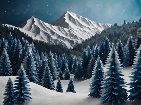 Winter mountain landscape with fir trees and snow. 3D origami, paper. Space for text, winter, holidays, Christmas. Generative AI