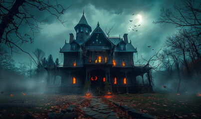 Obraz premium Spooky Haunted House with Dark Horror Atmosphere, Creepy Halloween Scene with Foggy Night and Full Moon, Eerie Lights and Pumpkins, Haunted Mansion Surrounded by Bare Trees and Bats