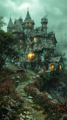 Enchanted Haunted Castle in Misty Forest with Glowing Windows at Twilight - Spooky, Mysterious, and Atmospheric Gothic Architecture