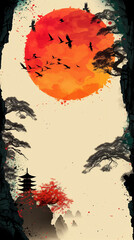 Chinese style illustration, large image of a red sun, Chinese temple in the background. High quality illustration