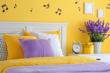 Restful Tunes Calm bedroom with music notes, lavender and yellow background
