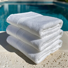 stack of clean white towels next to the pool of a hotel with towel and laundry service for customer service
