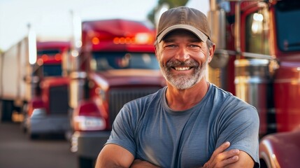 Obraz premium portrait of a smiling truck driver against modern red trucks background. Generative ai