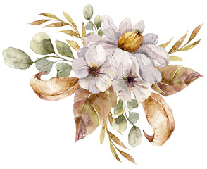 Watercolor illustration of floral bouquet composition with peony, autumn dried leaves, berries....