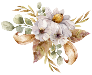 Watercolor illustration of floral bouquet composition with peony, autumn dried leaves, berries. Hand painted watercolor clipart for Halloween and Thanksgiving card, wedding invitation cards