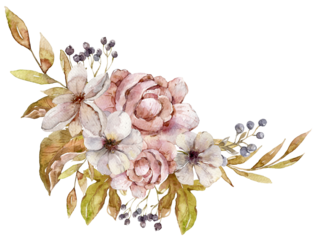 Watercolor illustration of floral bouquet composition with peony, autumn dried leaves, berries. Hand painted watercolor clipart for Halloween and Thanksgiving card, wedding invitation cards