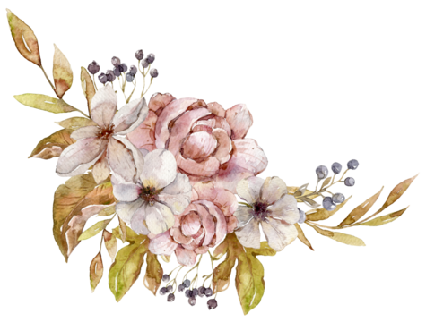 Watercolor illustration of floral bouquet composition with peony, autumn dried leaves, berries. Hand painted watercolor clipart for Halloween and Thanksgiving card, wedding invitation cards