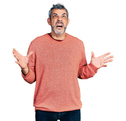 Middle age hispanic with grey hair wearing casual sweater crazy and mad shouting and yelling with aggressive expression and arms raised. frustration concept.