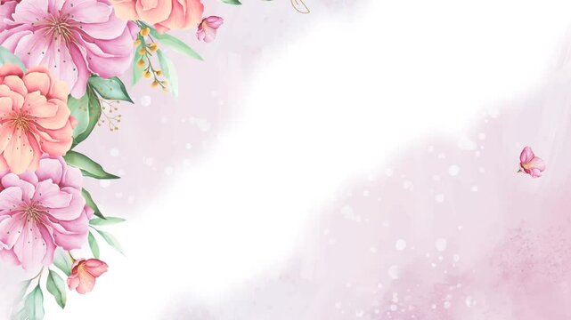 Decorative pink floral border with butterflies and flowers. Widescreen wedding invitation