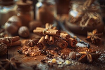 A close-up of cinnamon sticks, nutmeg, cloves, and vanilla pods on a kitchen countertop. Generative AI
