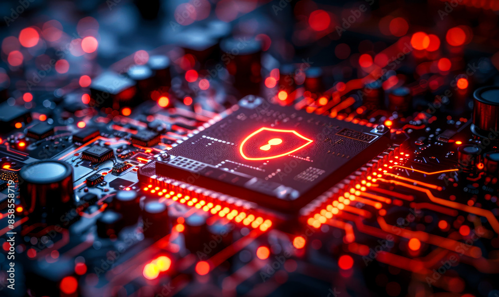 Poster futuristic security technology concept with shield on microchip, data flowing from cpu on advanced m
