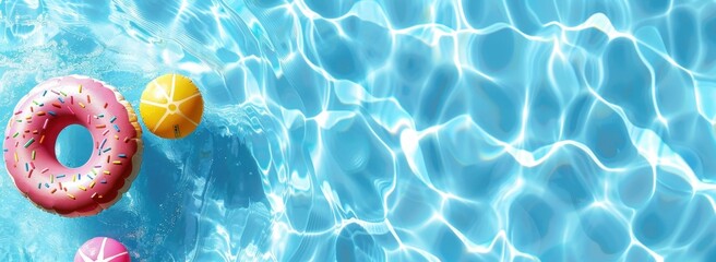 Top view of a swimming pool with two inflatable toys, a donut and beach ball, floating on the water surface with a summer background banner for advertising copy space Generative AI