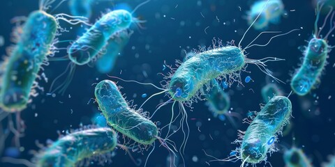 Blue bacterium with multiple flagella on a blue microscopic background 