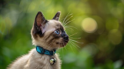 Adorable Siamese mix kitten with blue collar and bell looking to the right against green backdrop