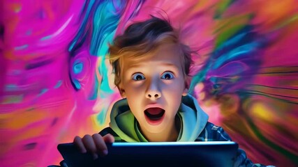 A young caucasian boy, around 7 years old, with an astonished expression, looks at a tablet displaying vibrant digital artwork. The colorful background and nighttime setting add excitement and wonder.
