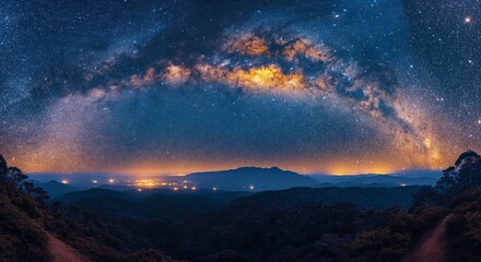 Naklejka premium AI generated Northern Borneo Highlands Celestial View. Clear night sky filled with stars, the dense jungle below, the Milky Way arching overhead,