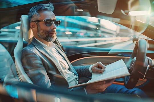 A businessman reads in a self-driving car on his commute