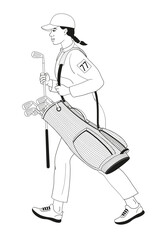 smiling golf club staff character African American female caddiewith golf club and club bag
