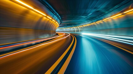 Futuristic Highway with Light Trails of Speeding Cars in an Urban Tunnel, Generative AI