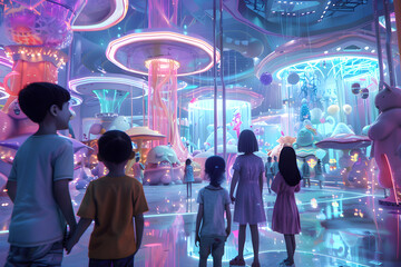 Children in a futuristic amusement park with bright lights