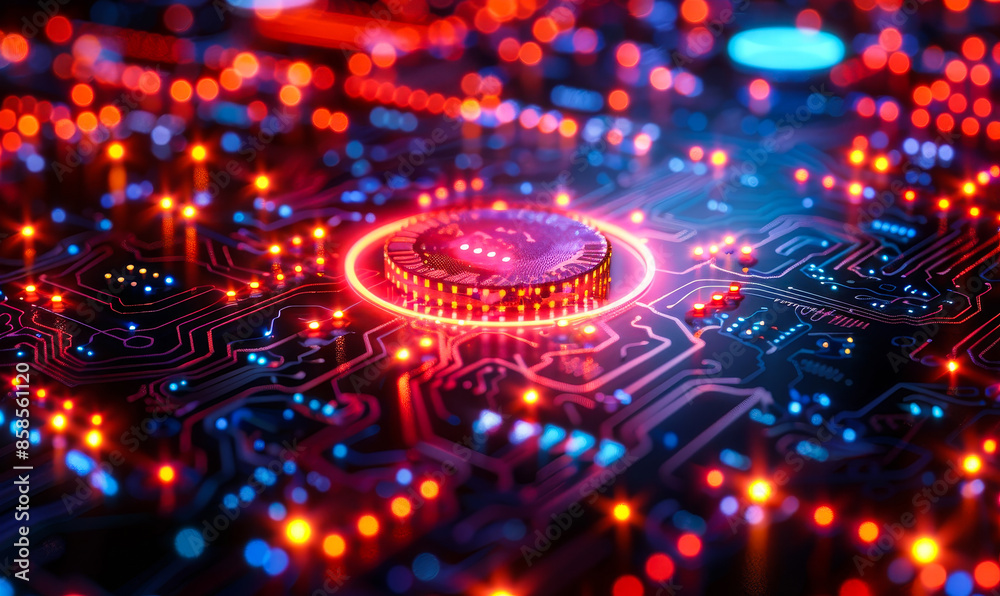 Poster microchip with red security firewall in digital circuit board, representing advanced cybersecurity i